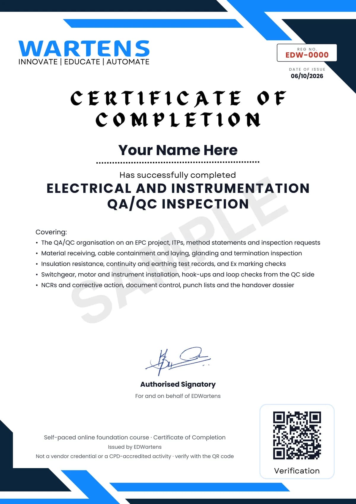 Sample EDWartens Certificate of Completion for Electrical and Instrumentation QA/QC Inspection