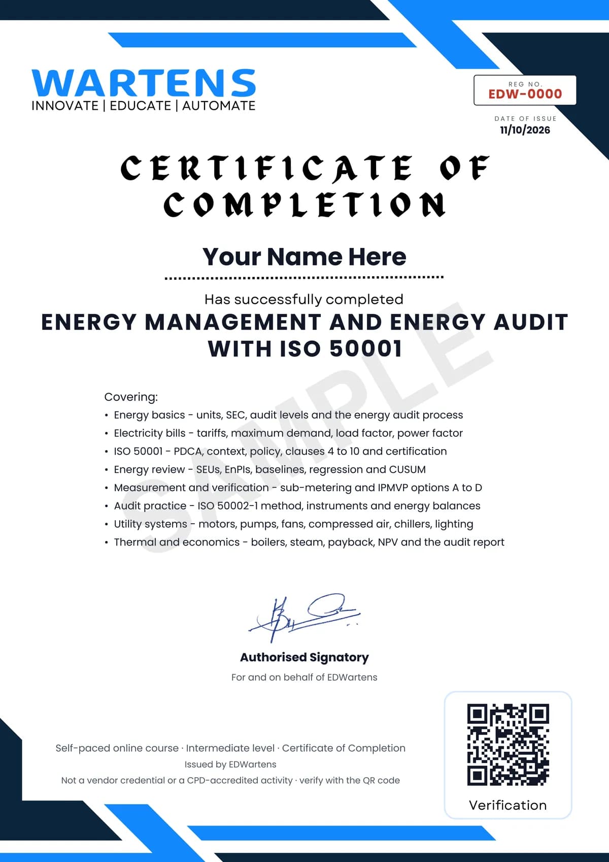 Sample EDWartens Certificate of Completion for Energy Management and Energy Audit with ISO 50001