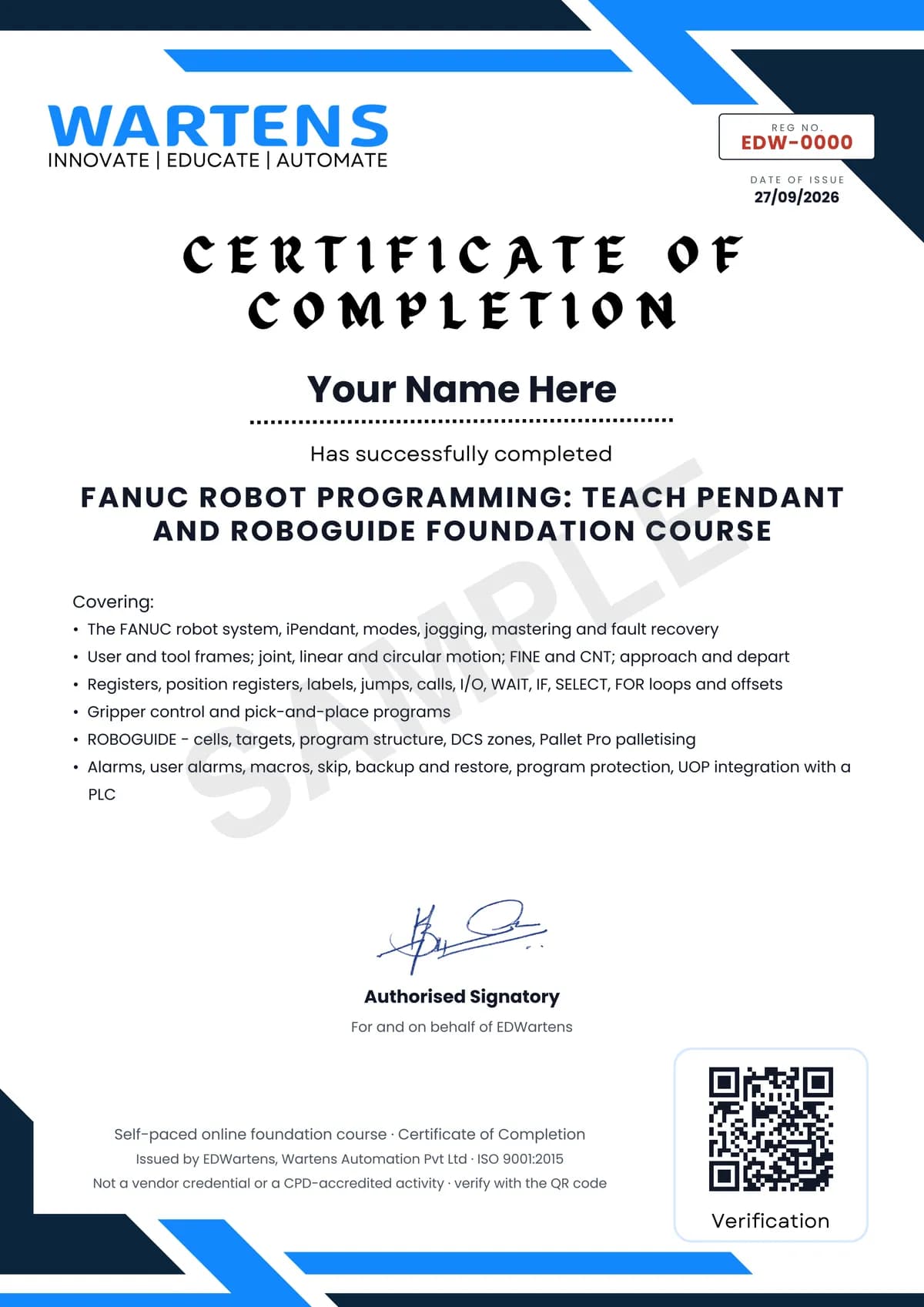 Sample EDWartens Certificate of Completion for FANUC Robot Programming with the Teach Pendant and ROBOGUIDE