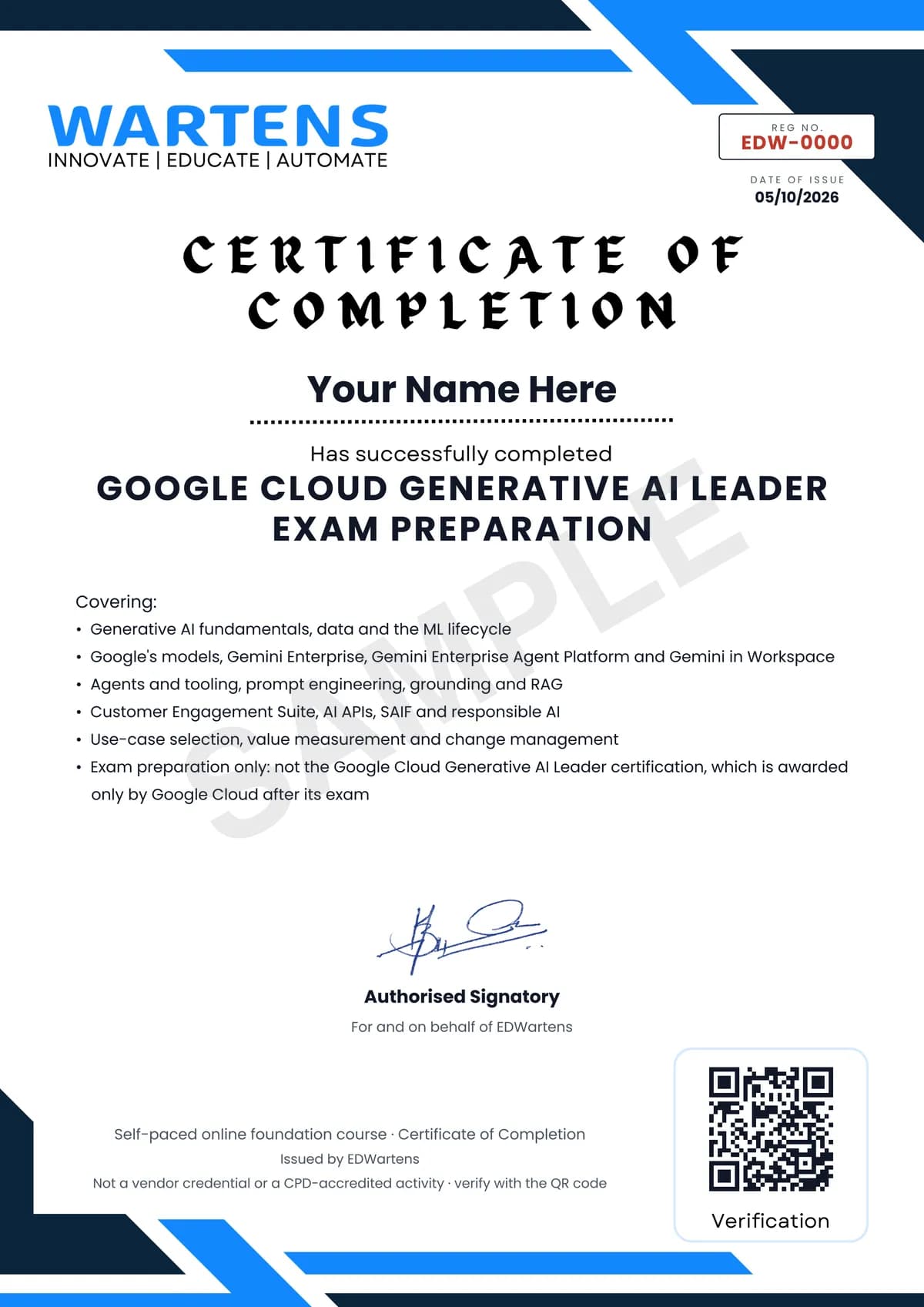 Sample EDWartens Certificate of Completion for Google Cloud Generative AI Leader Exam Preparation