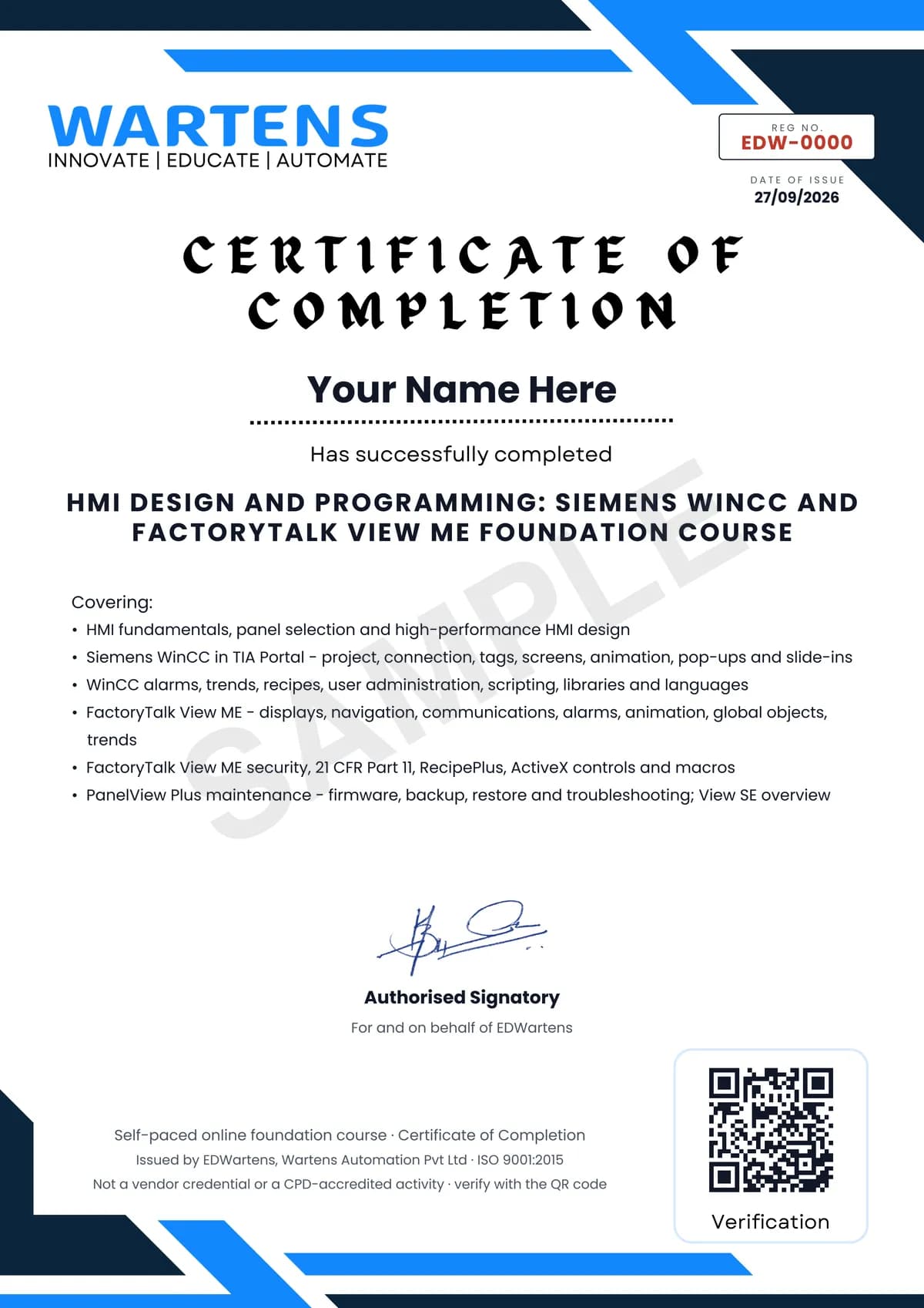 Sample EDWartens Certificate of Completion for HMI Design and Programming: Siemens WinCC and FactoryTalk View ME