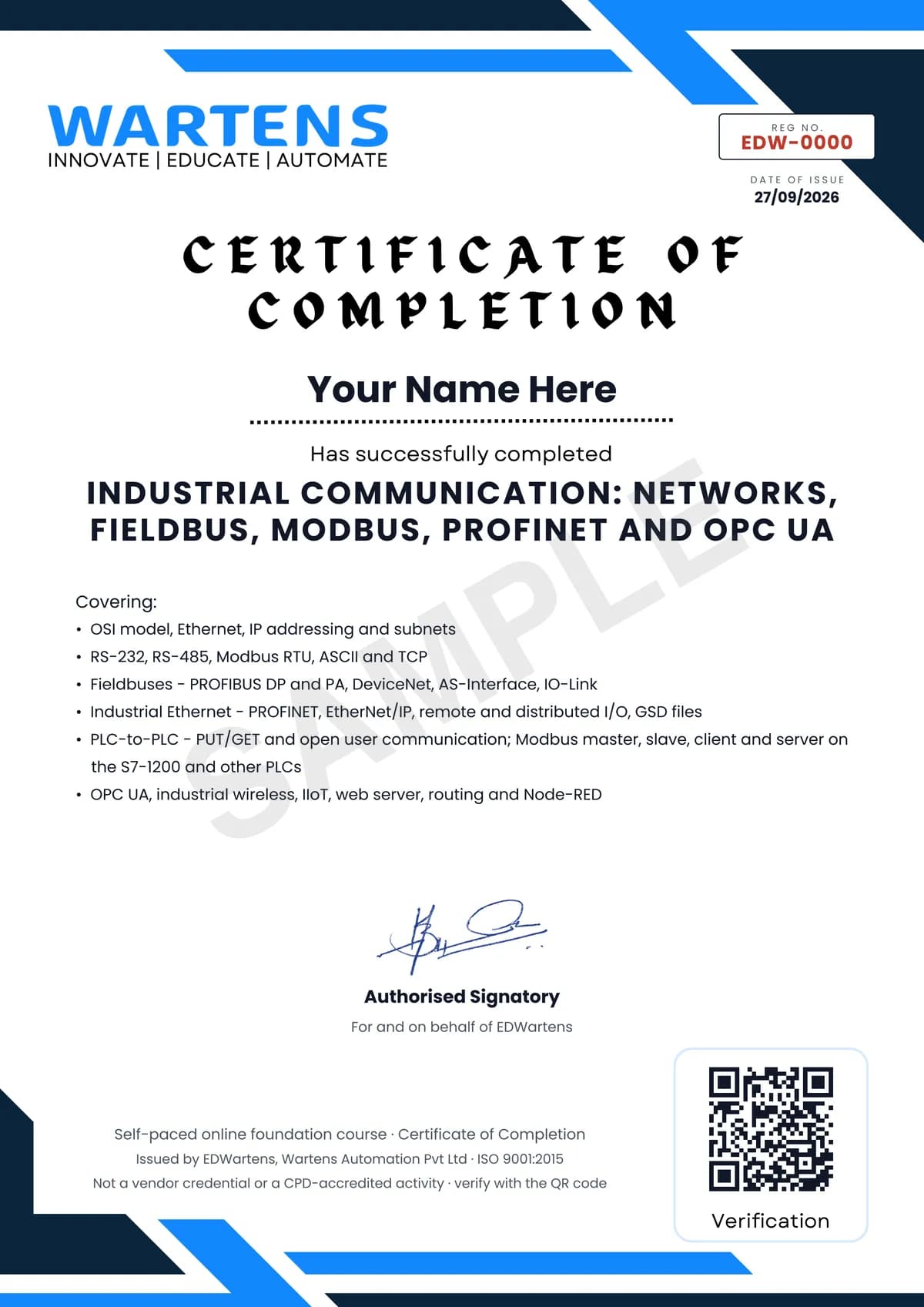 Sample EDWartens Certificate of Completion for Industrial Communication: Serial, Fieldbus, Ethernet, Modbus, PROFINET and OPC UA