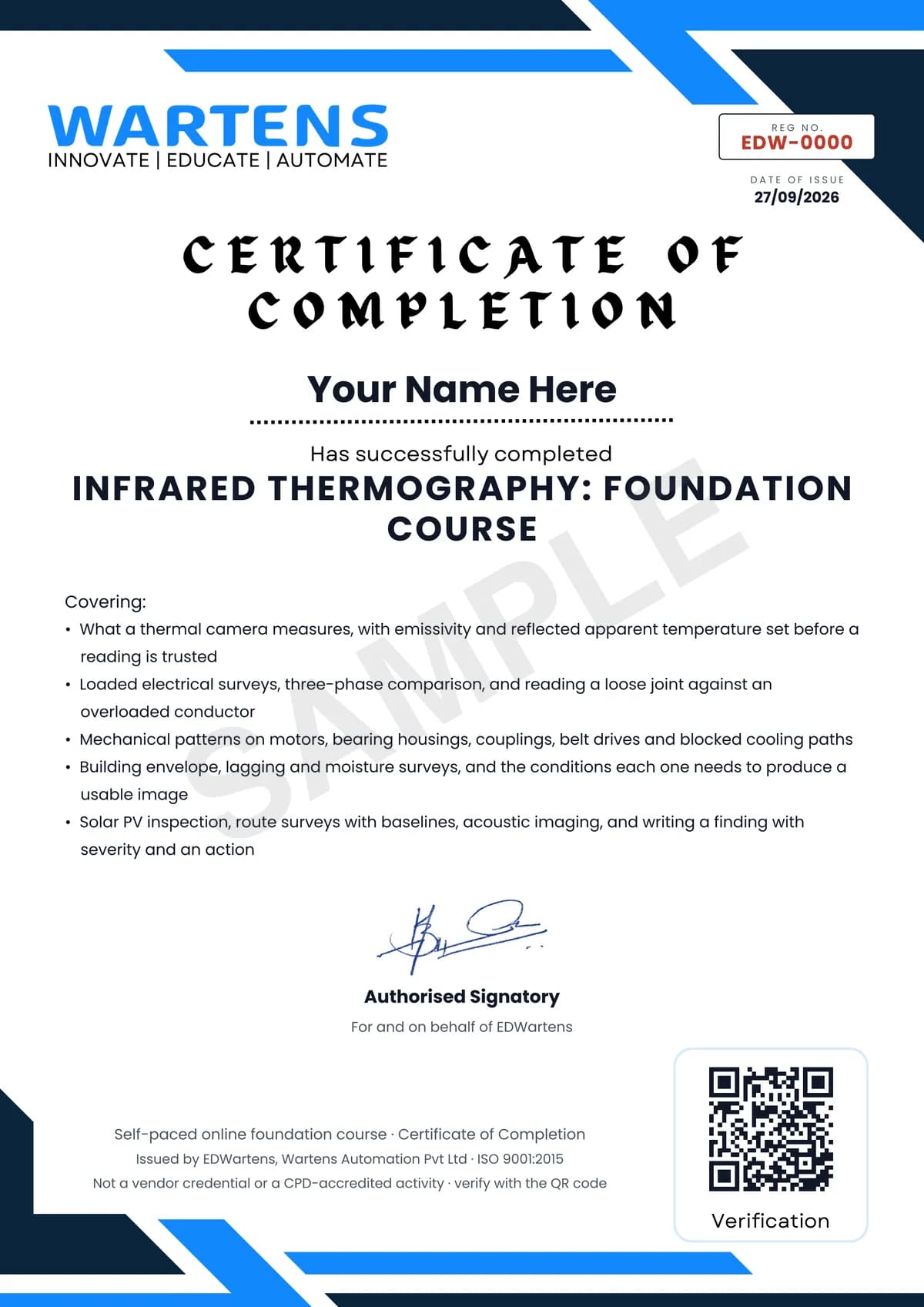 Sample EDWartens Certificate of Completion for Infrared Thermography Training