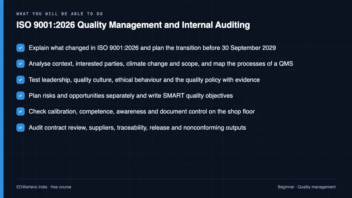 ISO 9001:2026 Quality Management and Internal Auditing: What you will be able to do