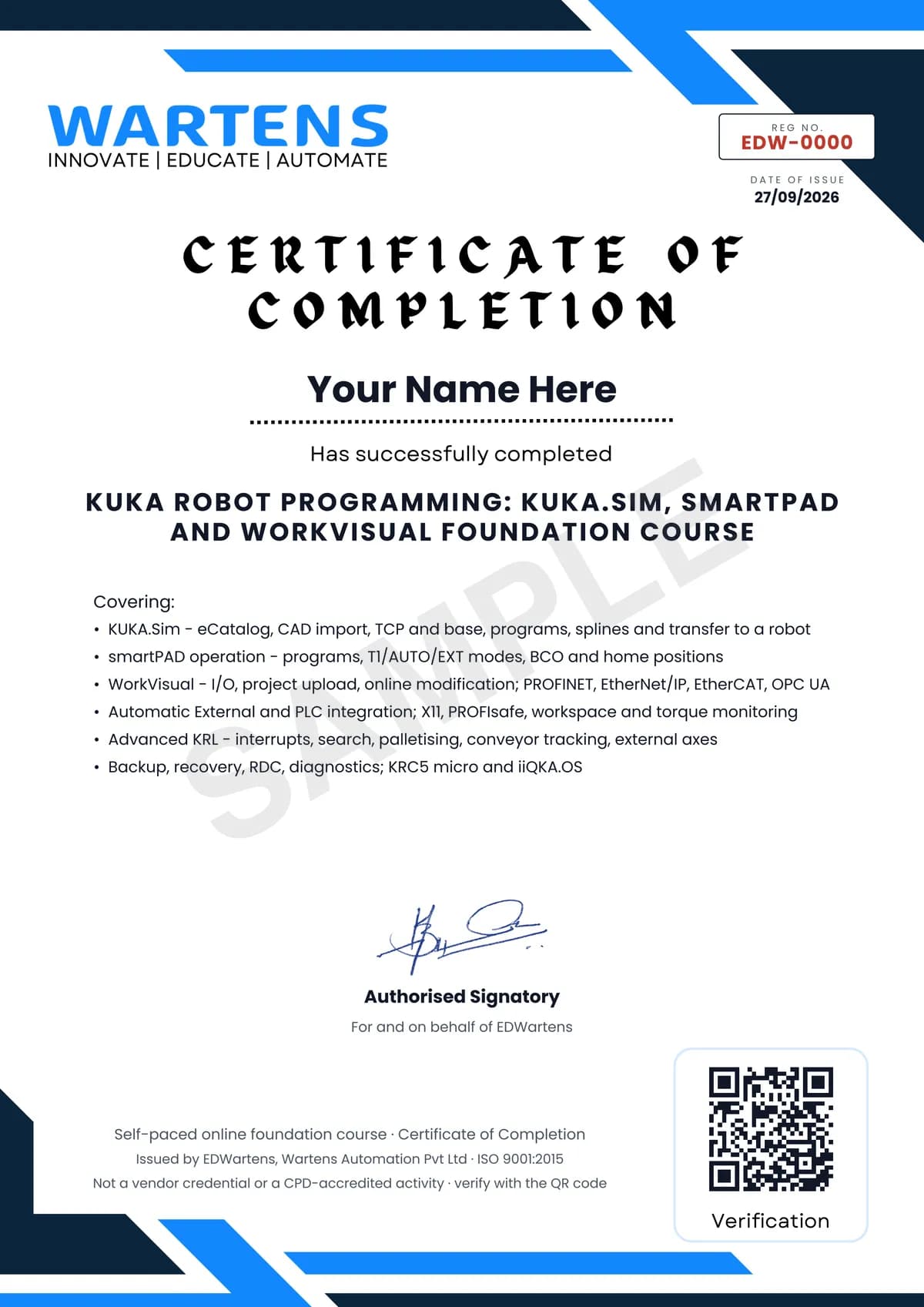 Sample EDWartens Certificate of Completion for KUKA Robot Programming with KUKA.Sim, smartPAD and WorkVisual