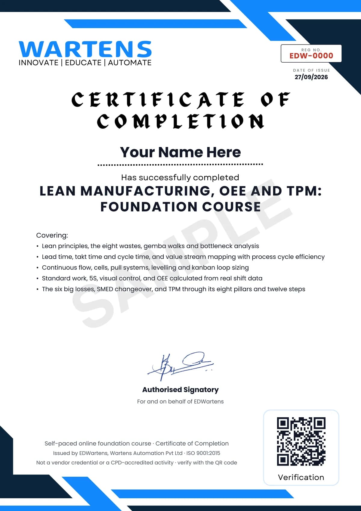 Sample EDWartens Certificate of Completion for Lean Manufacturing, OEE and TPM