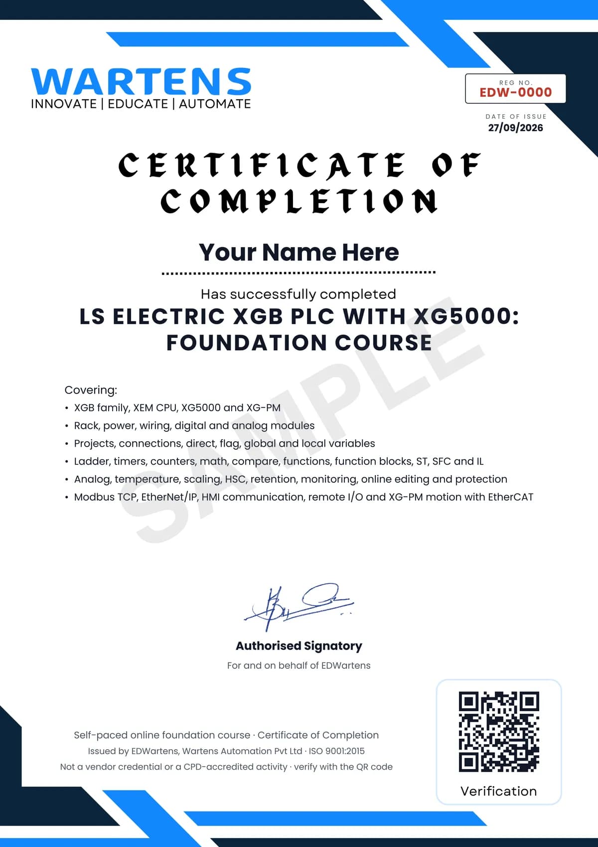 Sample EDWartens Certificate of Completion for LS Electric XGB PLC with XG5000