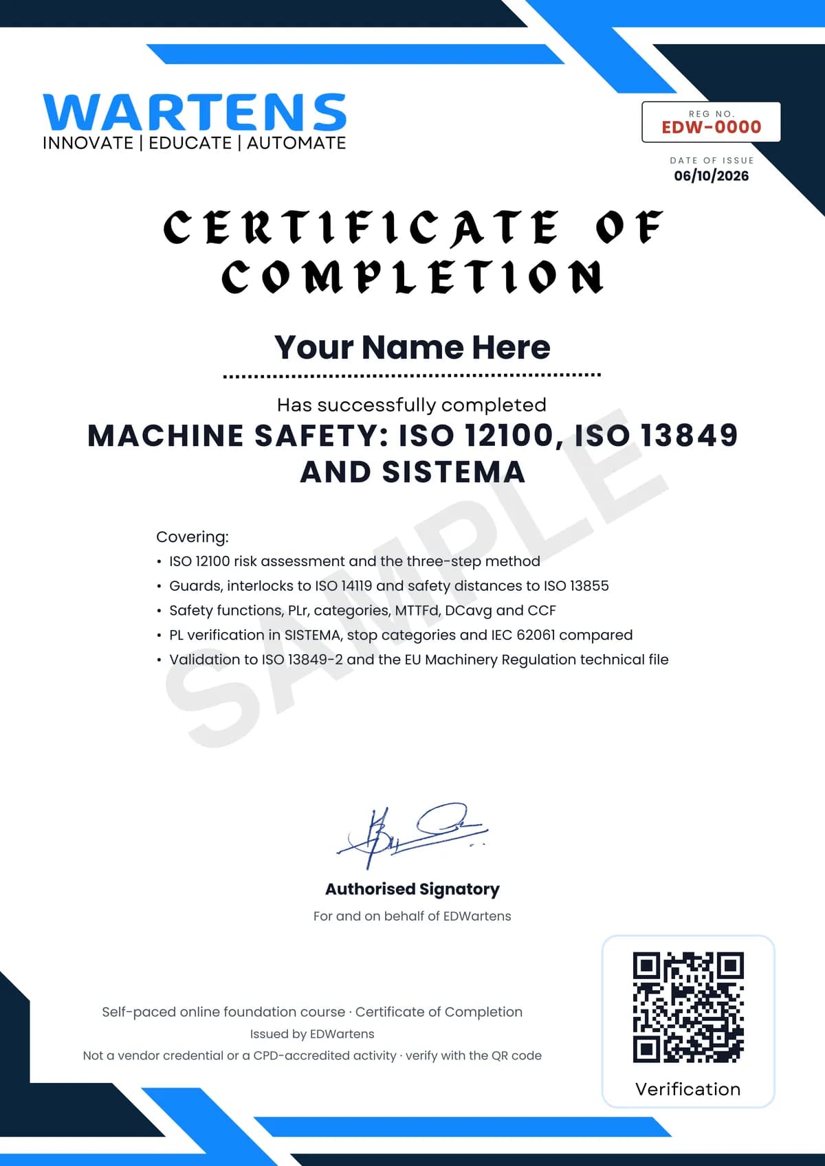 Sample EDWartens Certificate of Completion for Machine Safety: ISO 12100, ISO 13849 and SISTEMA
