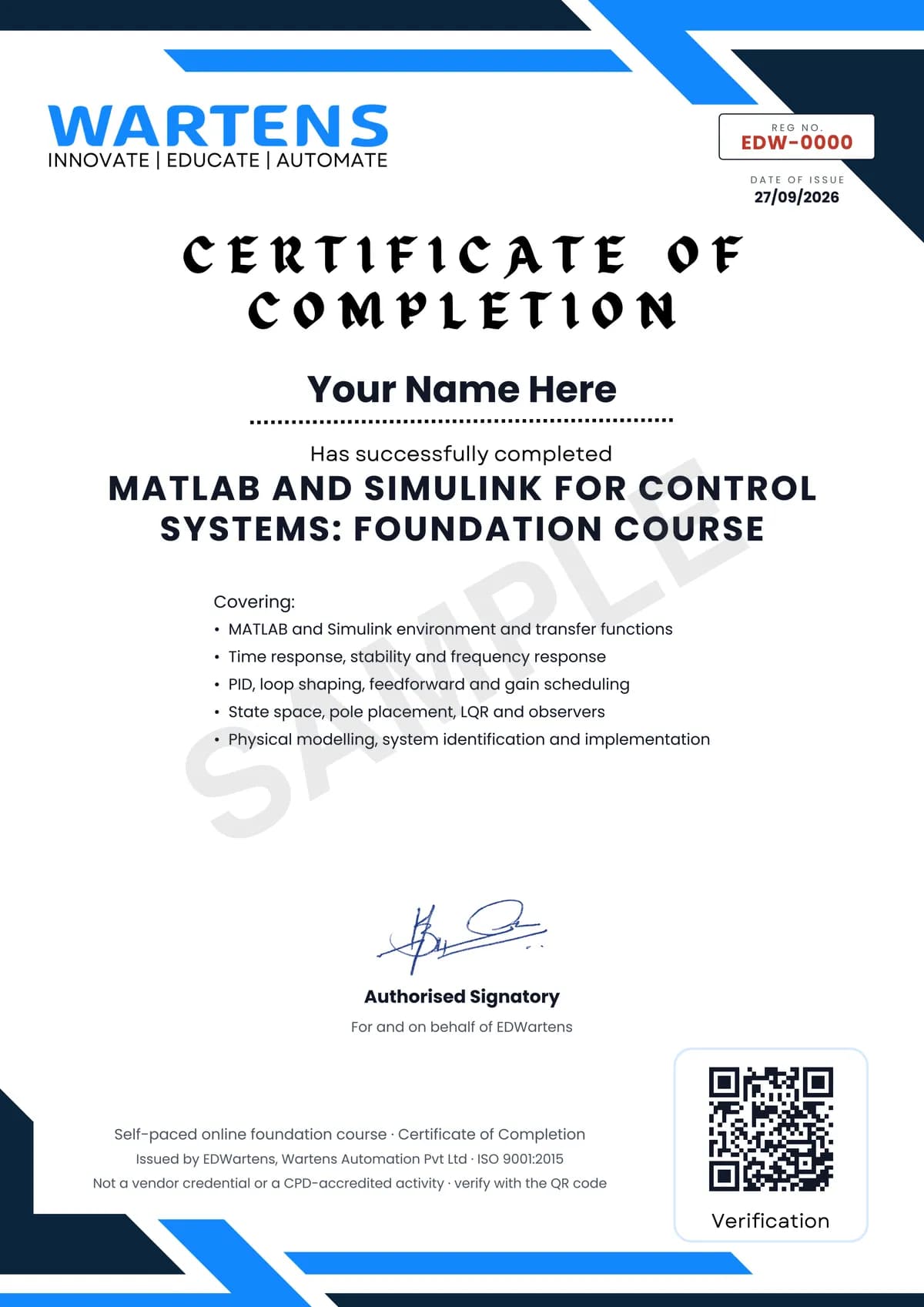 Sample EDWartens Certificate of Completion for MATLAB and Simulink for Control Systems