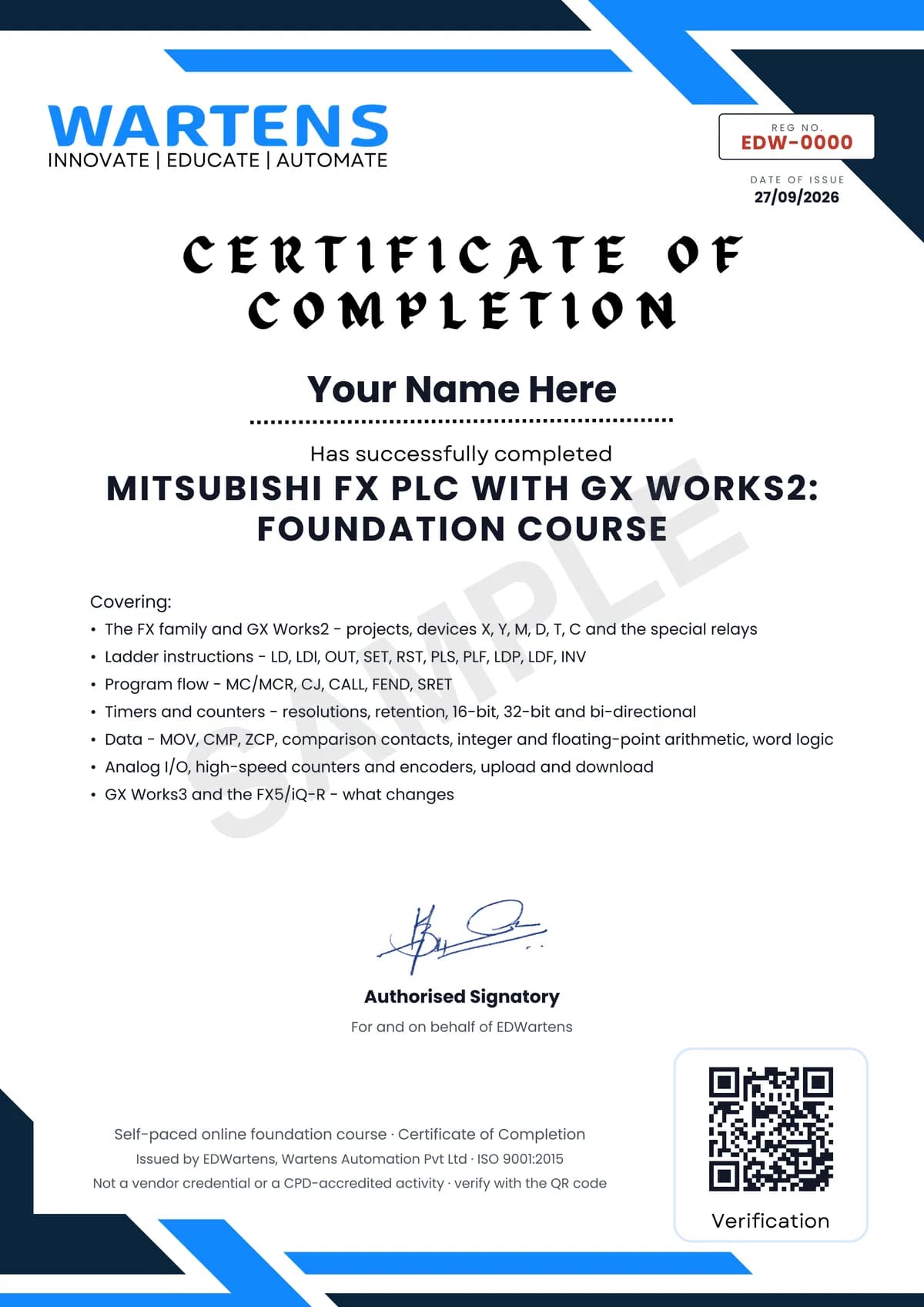 Sample EDWartens Certificate of Completion for Mitsubishi FX with GX Works2