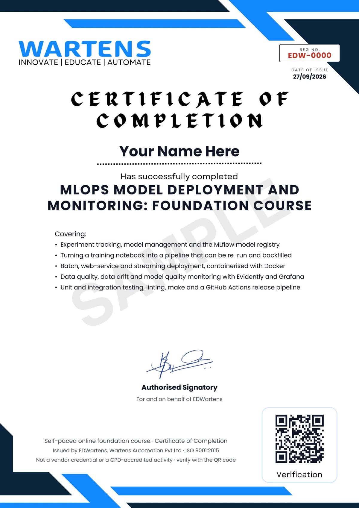 Sample EDWartens Certificate of Completion for MLOps Model Deployment and Monitoring