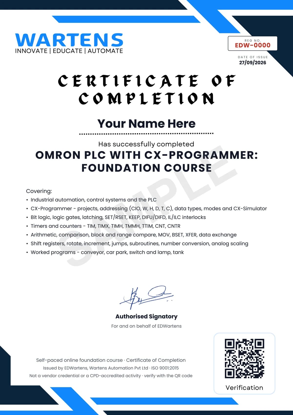 Sample EDWartens Certificate of Completion for Omron PLC with CX-Programmer