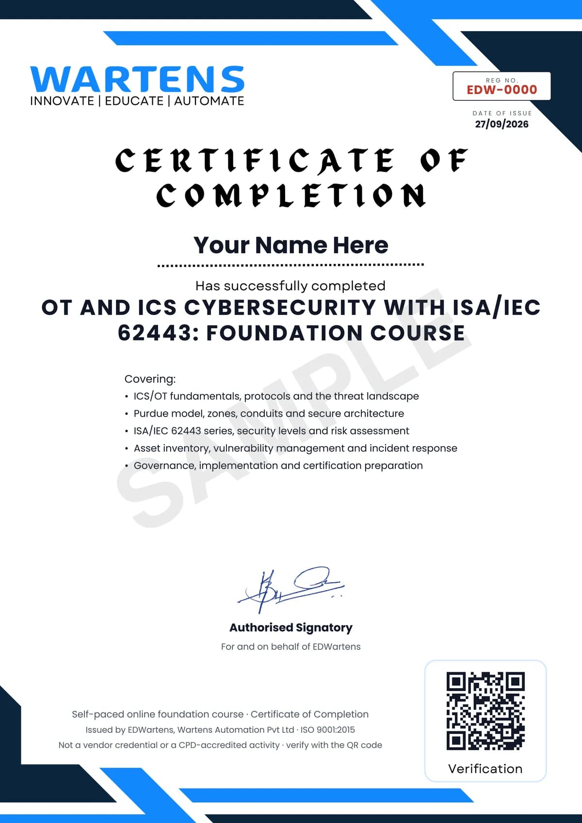 Sample EDWartens Certificate of Completion for OT and ICS Cybersecurity with ISA/IEC 62443