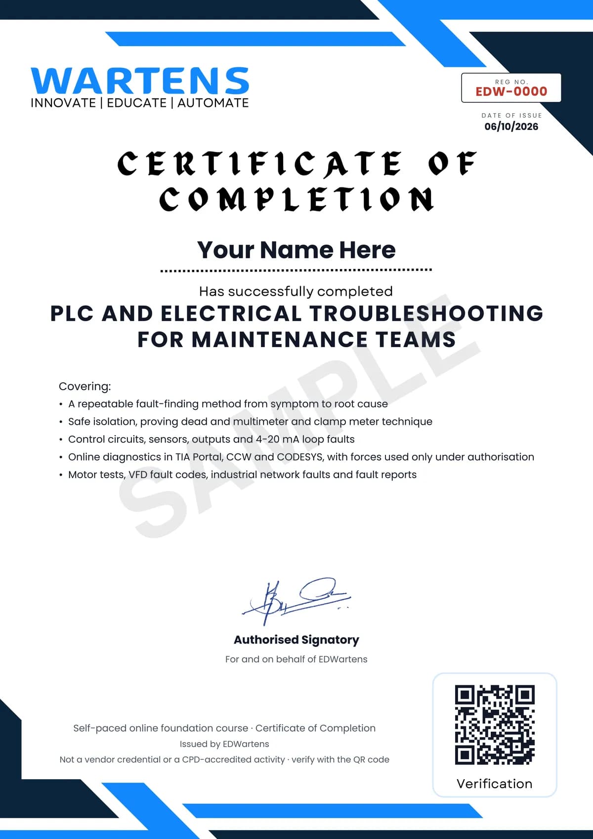 Sample EDWartens Certificate of Completion for PLC and Electrical Troubleshooting for Maintenance Teams