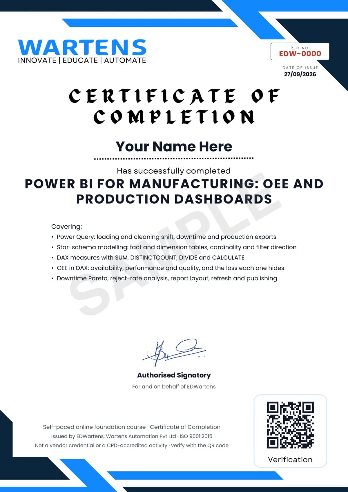 Sample EDWartens Certificate of Completion for Power BI for Manufacturing: OEE and Production Dashboards