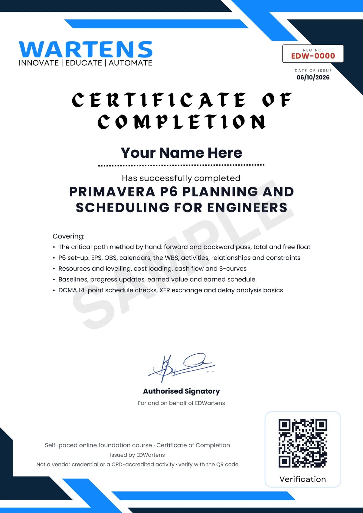 Sample EDWartens Certificate of Completion for Primavera P6 Planning and Scheduling for Engineers