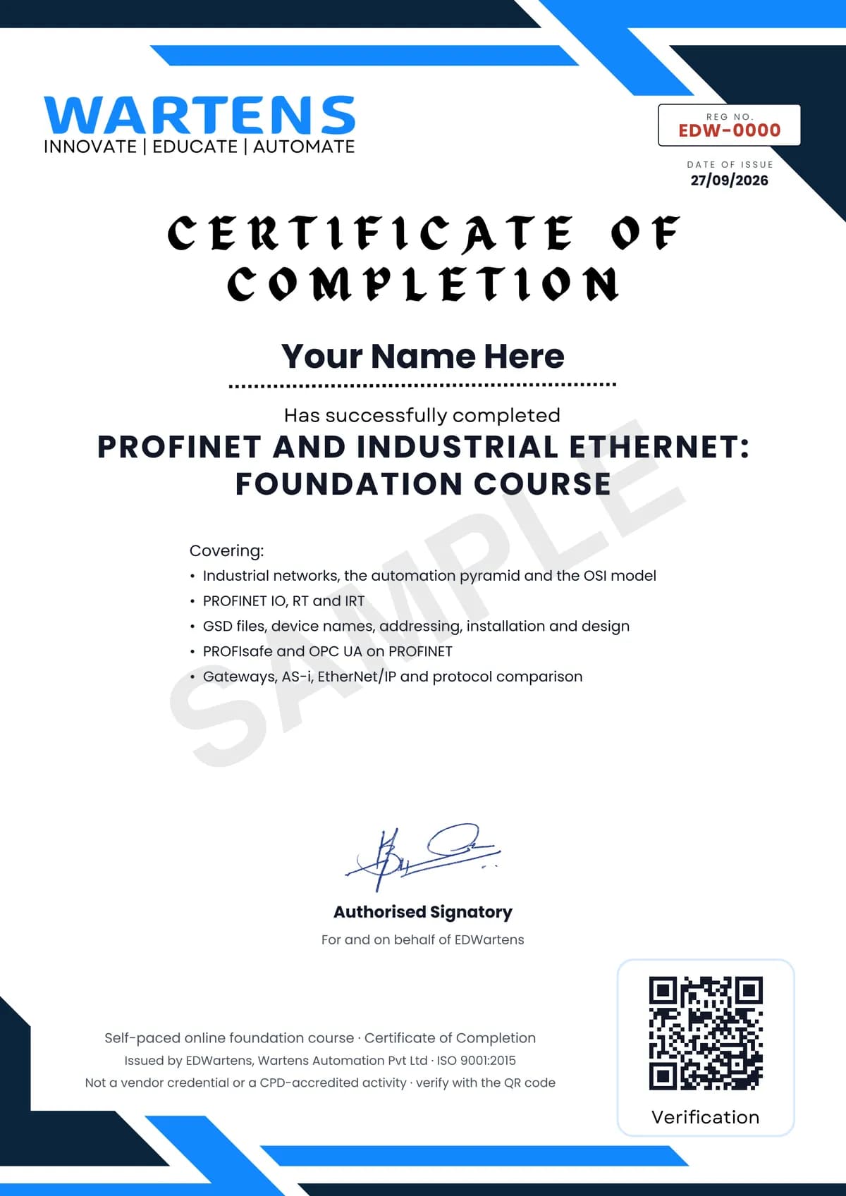 Sample EDWartens Certificate of Completion for PROFINET and Industrial Ethernet
