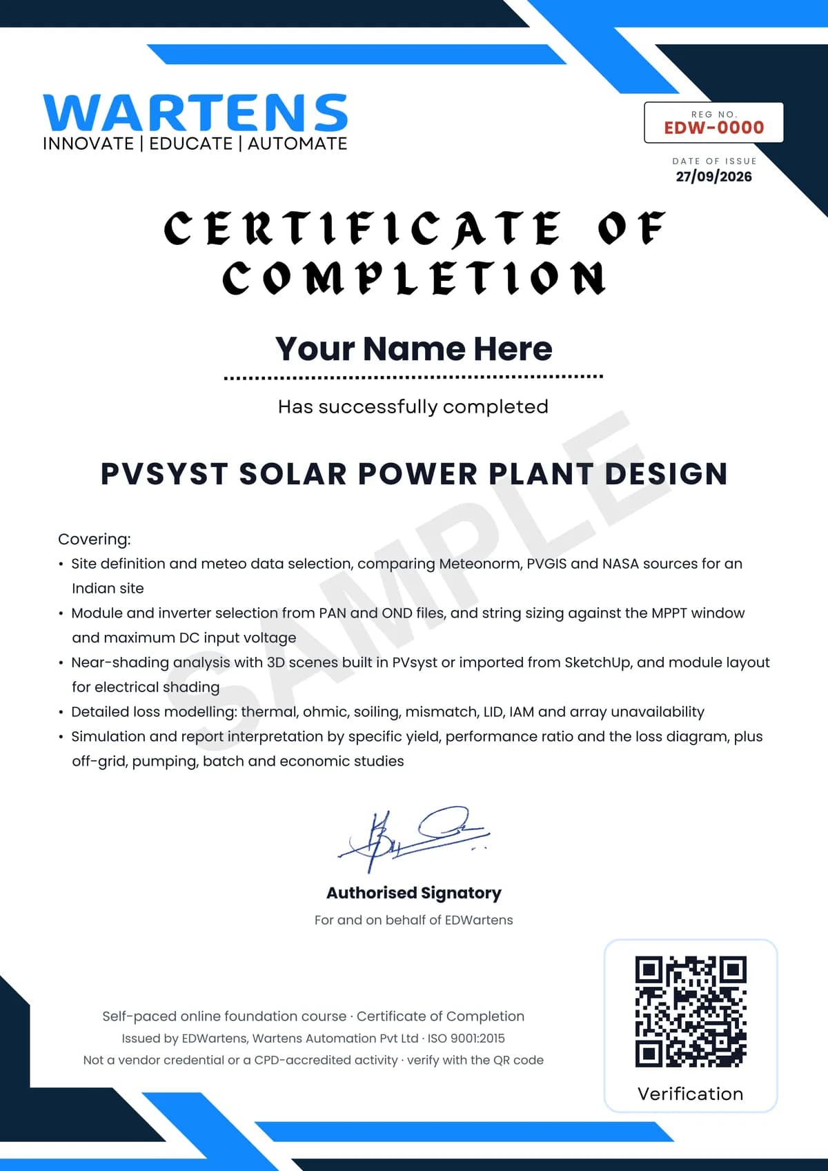 Sample EDWartens Certificate of Completion for PVsyst Solar Power Plant Design