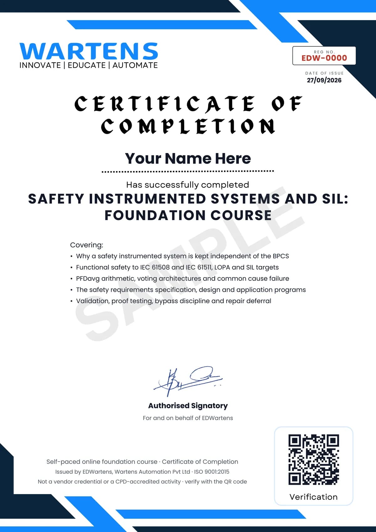 Sample EDWartens Certificate of Completion for Safety Instrumented Systems and SIL to IEC 61511