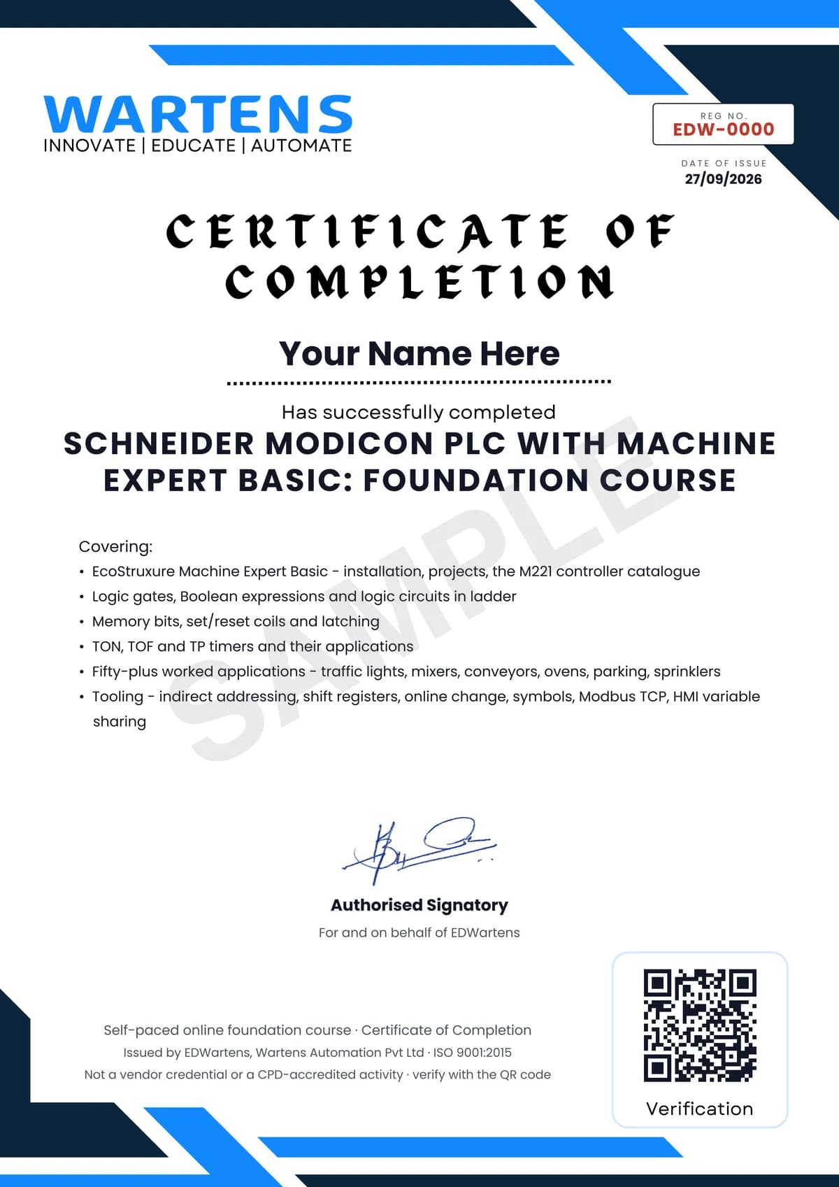 Sample EDWartens Certificate of Completion for Schneider Modicon PLC with EcoStruxure Machine Expert Basic