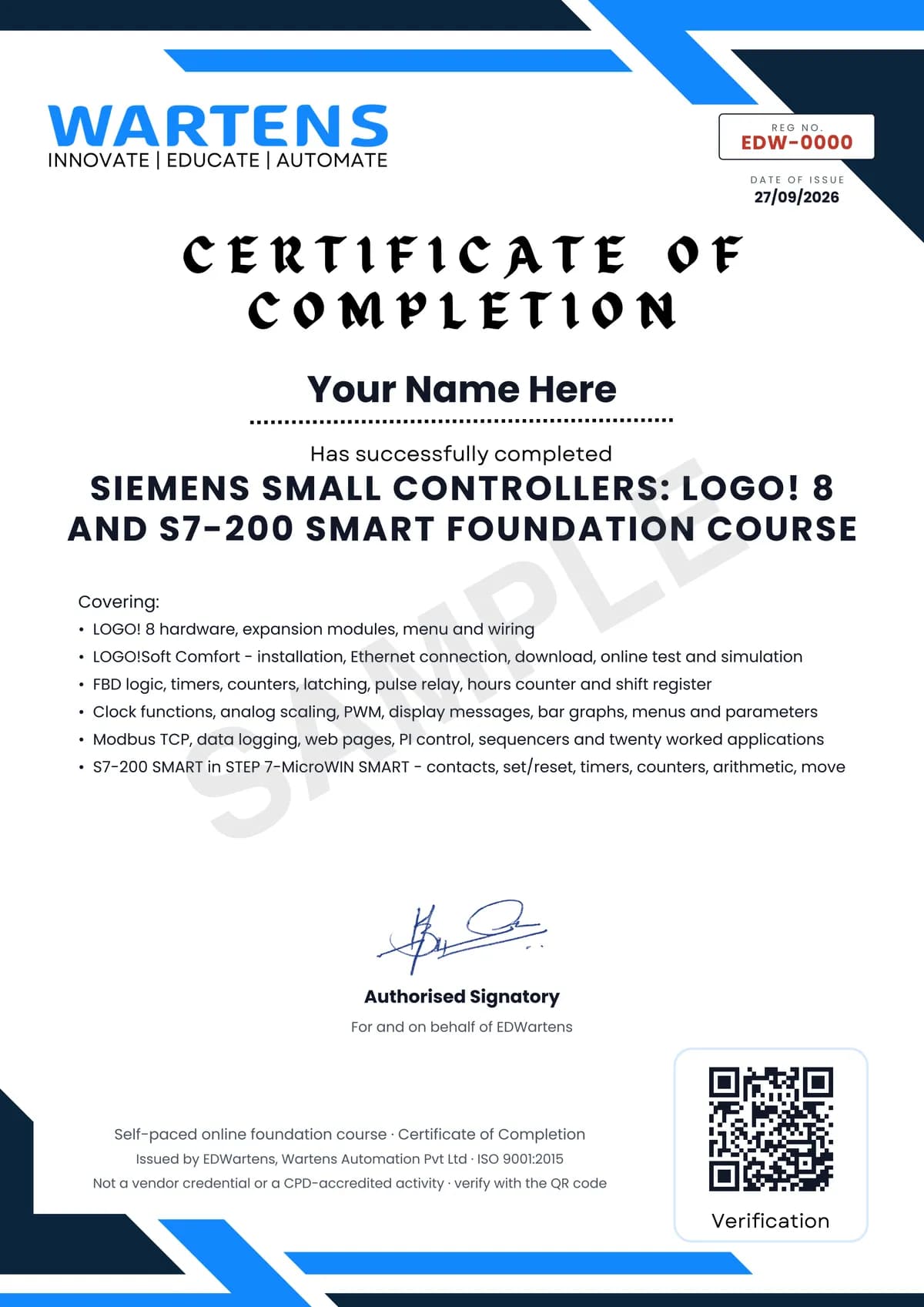 Sample EDWartens Certificate of Completion for Siemens Small Controllers: LOGO! 8 and S7-200 SMART