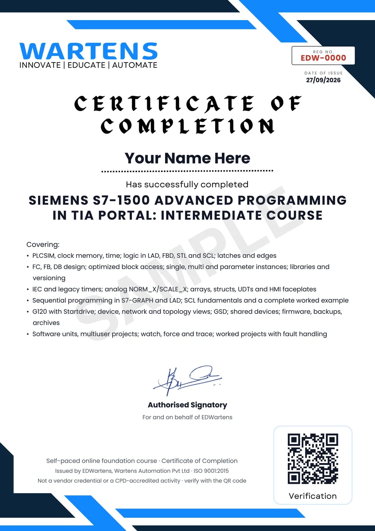 Sample EDWartens Certificate of Completion for Siemens S7-1500 Advanced Programming in TIA Portal