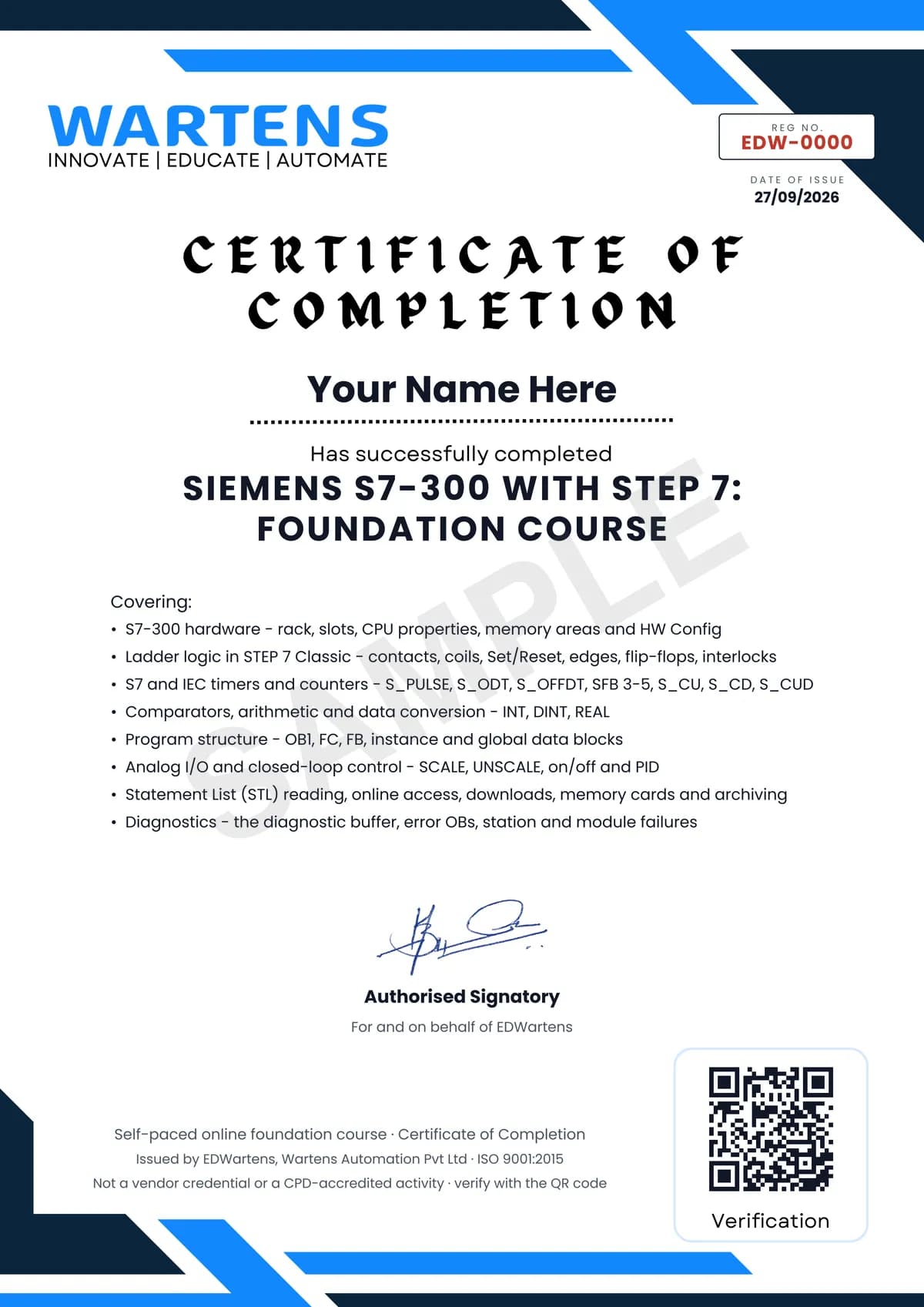 Sample EDWartens Certificate of Completion for Siemens S7-300 with STEP 7