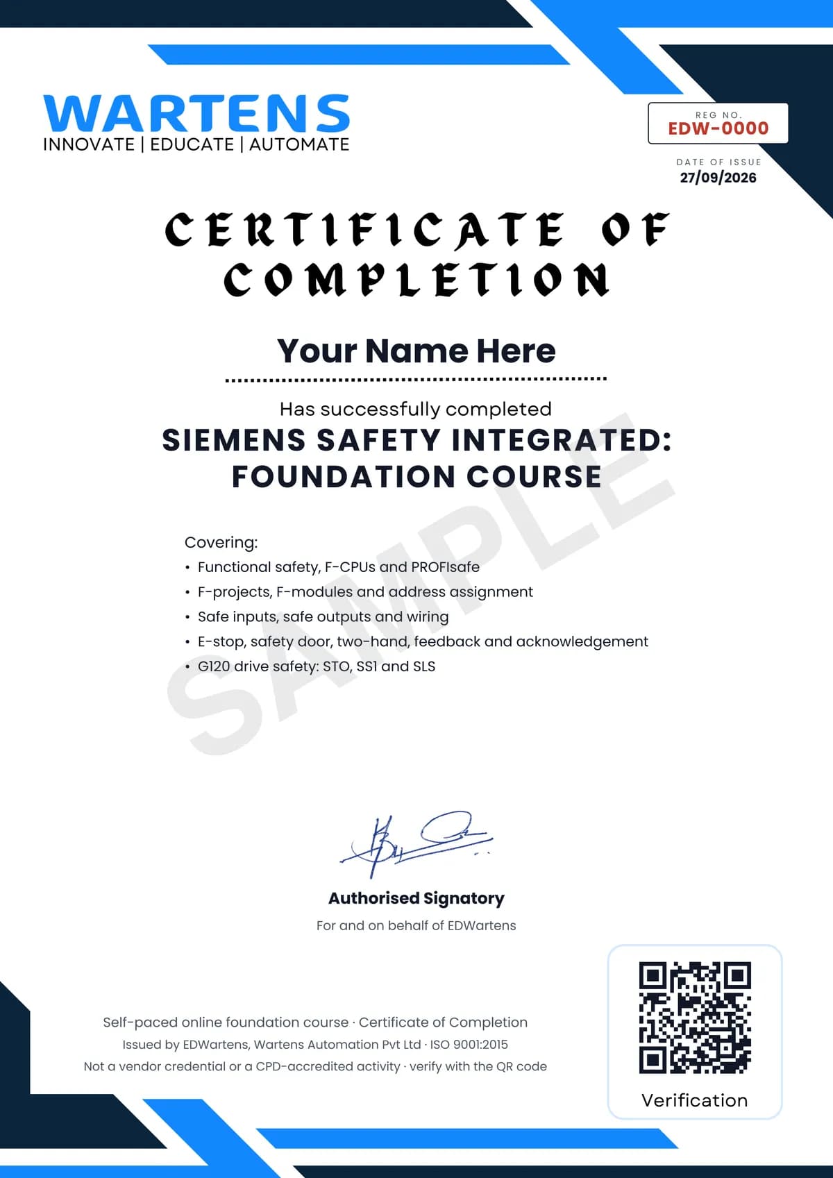 Sample EDWartens Certificate of Completion for Siemens Safety Integrated: S7-1500F and S7-1200F in TIA Portal