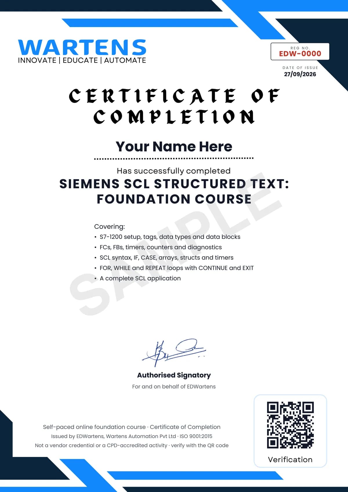 Sample EDWartens Certificate of Completion for Siemens SCL Structured Text in TIA Portal