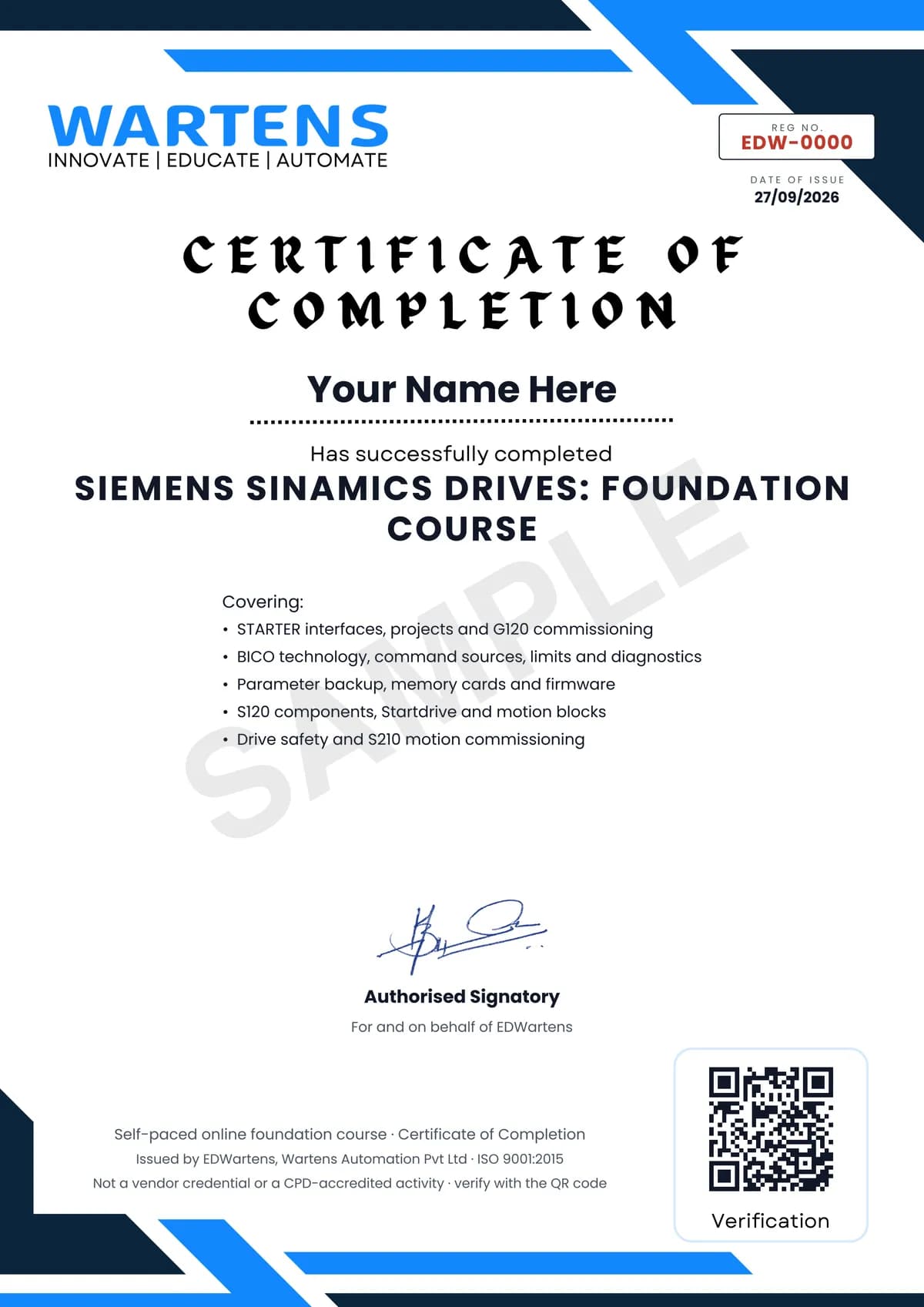 Sample EDWartens Certificate of Completion for Siemens SINAMICS Drives: G120 and S120 with STARTER and Startdrive