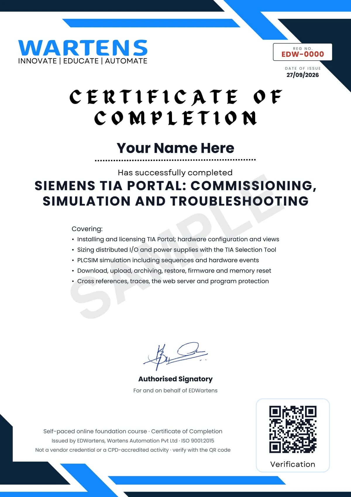 Sample EDWartens Certificate of Completion for Siemens TIA Portal Commissioning: Hardware, PLCSIM, Backups and Troubleshooting