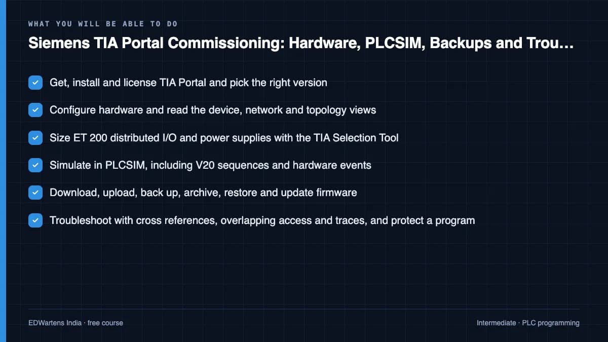 Siemens TIA Portal Commissioning: Hardware, PLCSIM, Backups and Troubleshooting: What you will be able to do
