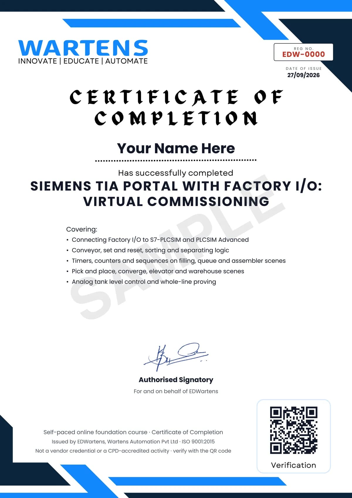 Sample EDWartens Certificate of Completion for Siemens TIA Portal with Factory I/O: Virtual Commissioning Projects