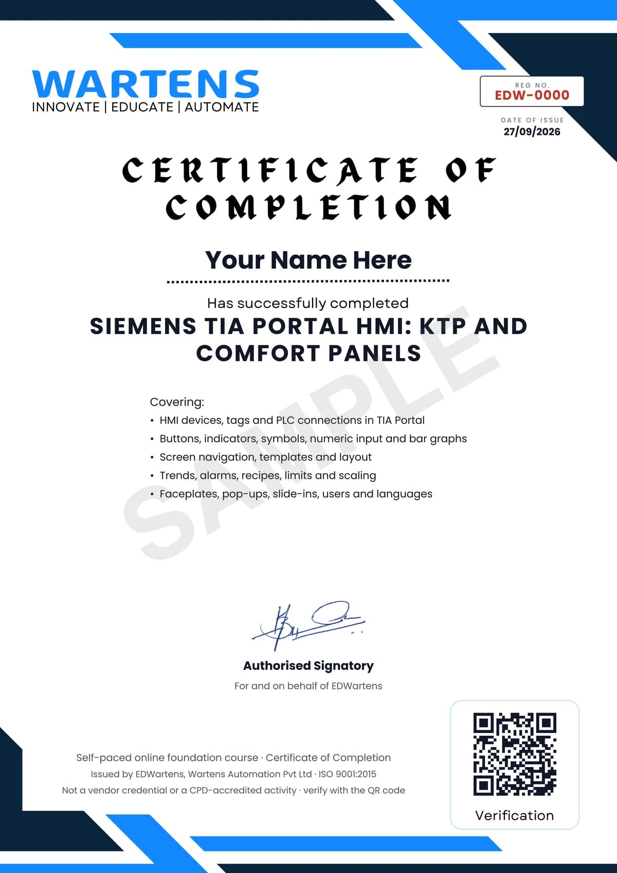 Sample EDWartens Certificate of Completion for Siemens TIA Portal HMI: KTP and Comfort Panels with WinCC