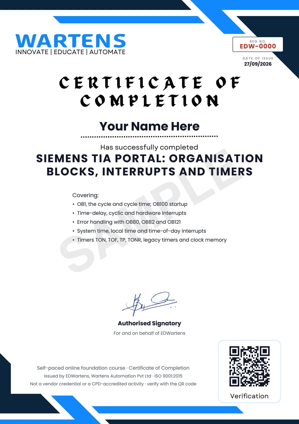 Sample EDWartens Certificate of Completion for Siemens TIA Portal: Organisation Blocks, Interrupts and Timers