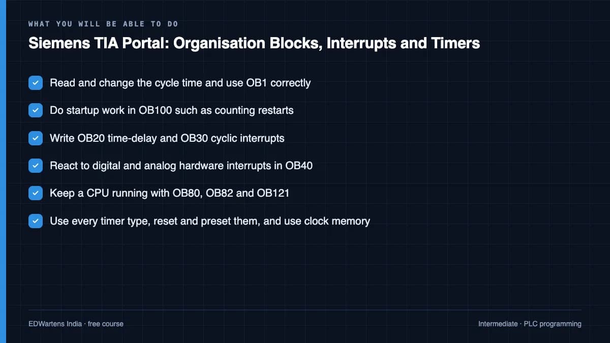 Siemens TIA Portal: Organisation Blocks, Interrupts and Timers: What you will be able to do