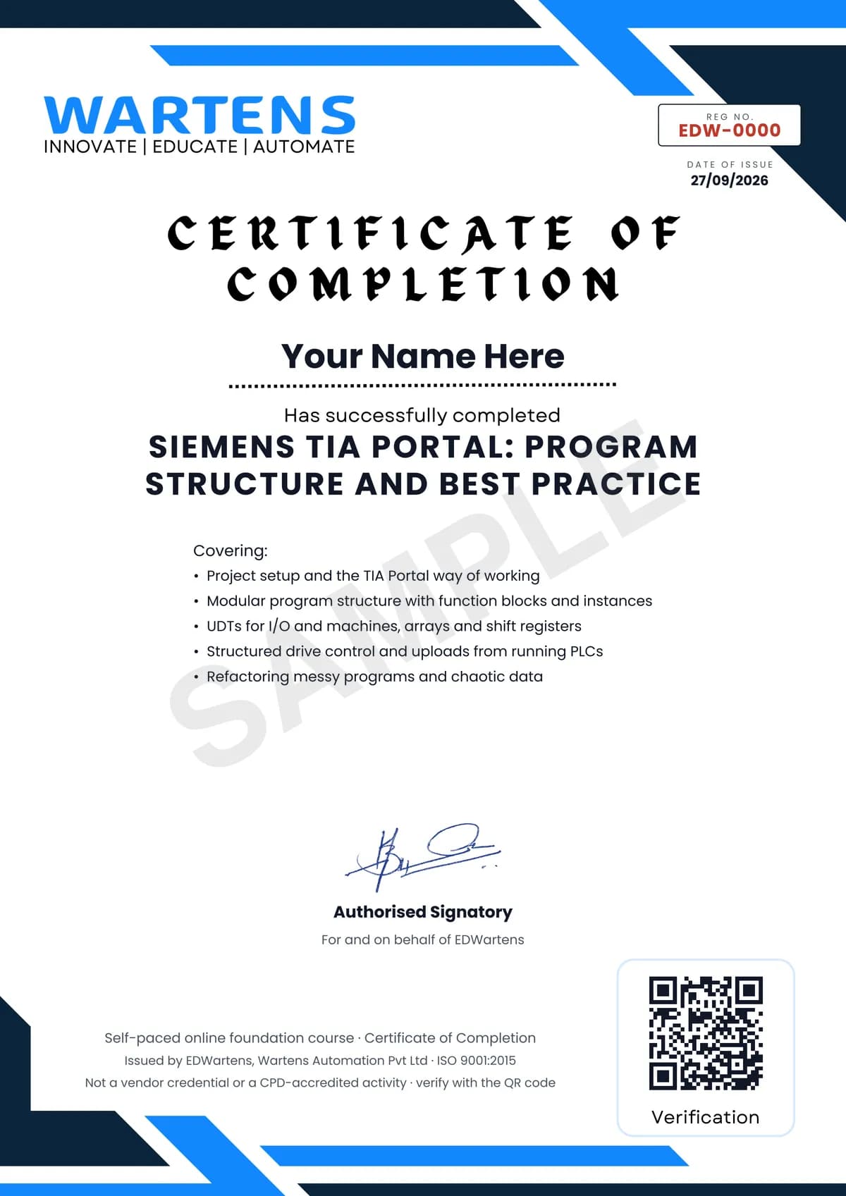 Sample EDWartens Certificate of Completion for Siemens TIA Portal Program Structure and Best Practice