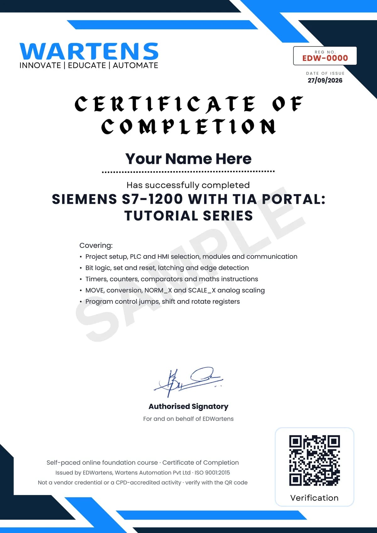 Sample EDWartens Certificate of Completion for Siemens S7-1200 with TIA Portal: The Tutorial Series