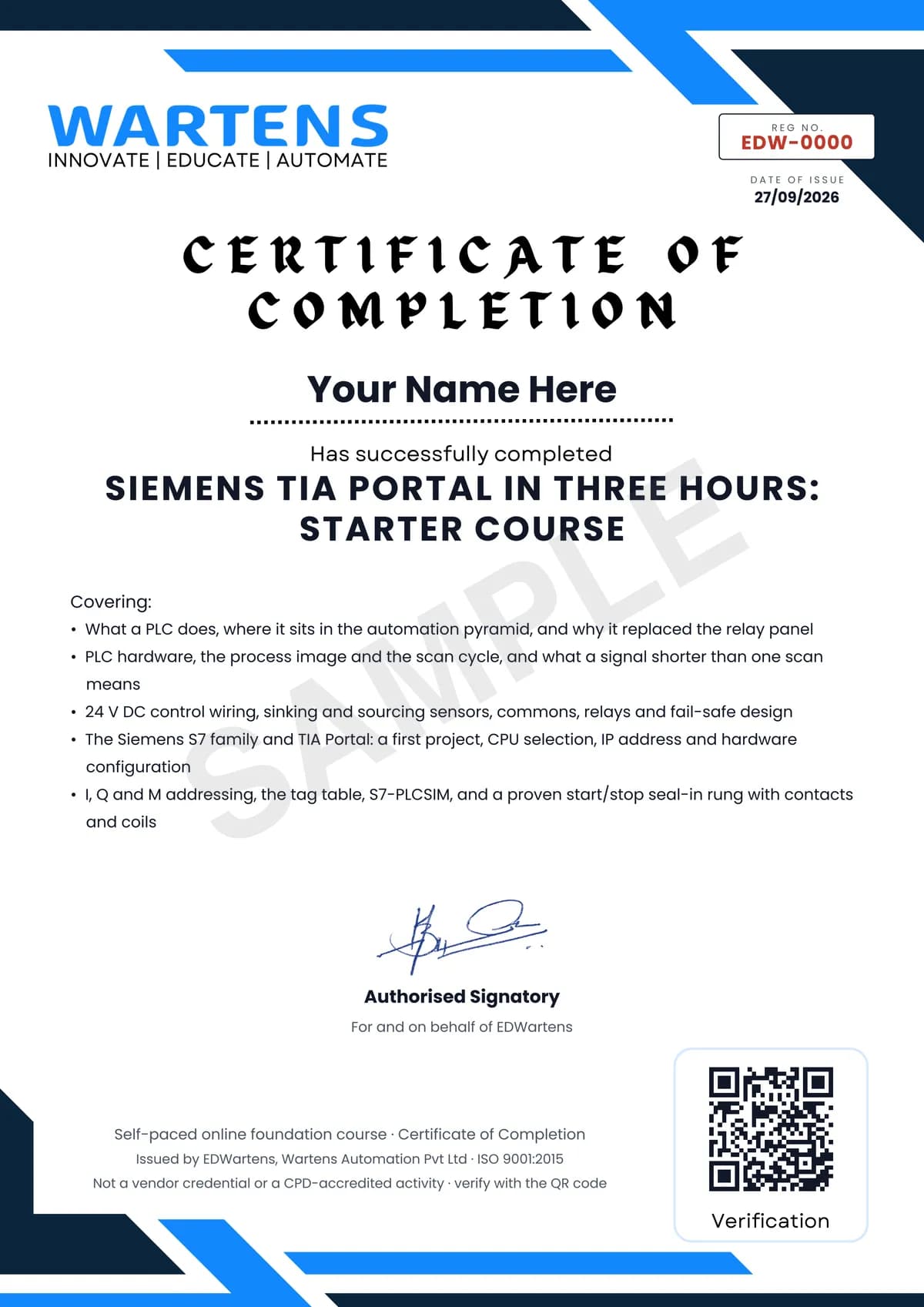 Sample EDWartens Certificate of Completion for Siemens TIA Portal in Three Hours