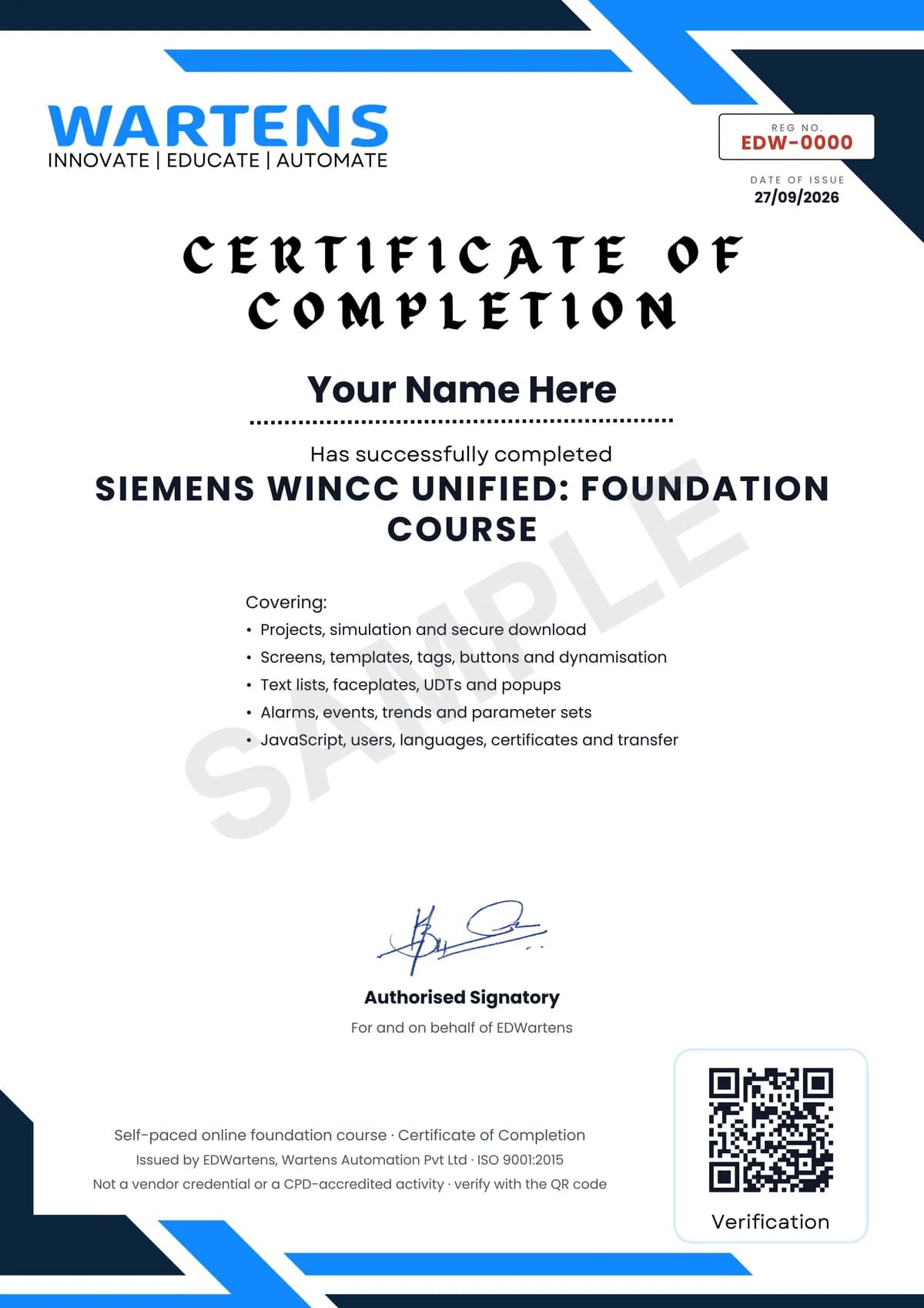 Sample EDWartens Certificate of Completion for Siemens WinCC Unified
