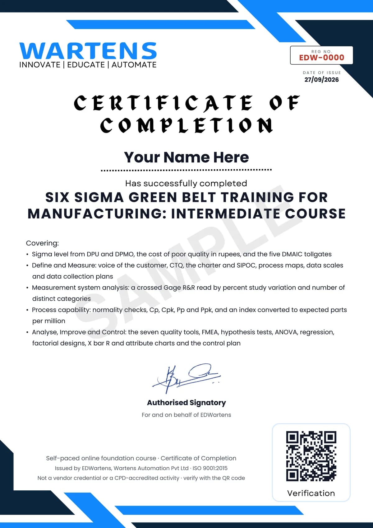 Sample EDWartens Certificate of Completion for Six Sigma Green Belt Training for Manufacturing