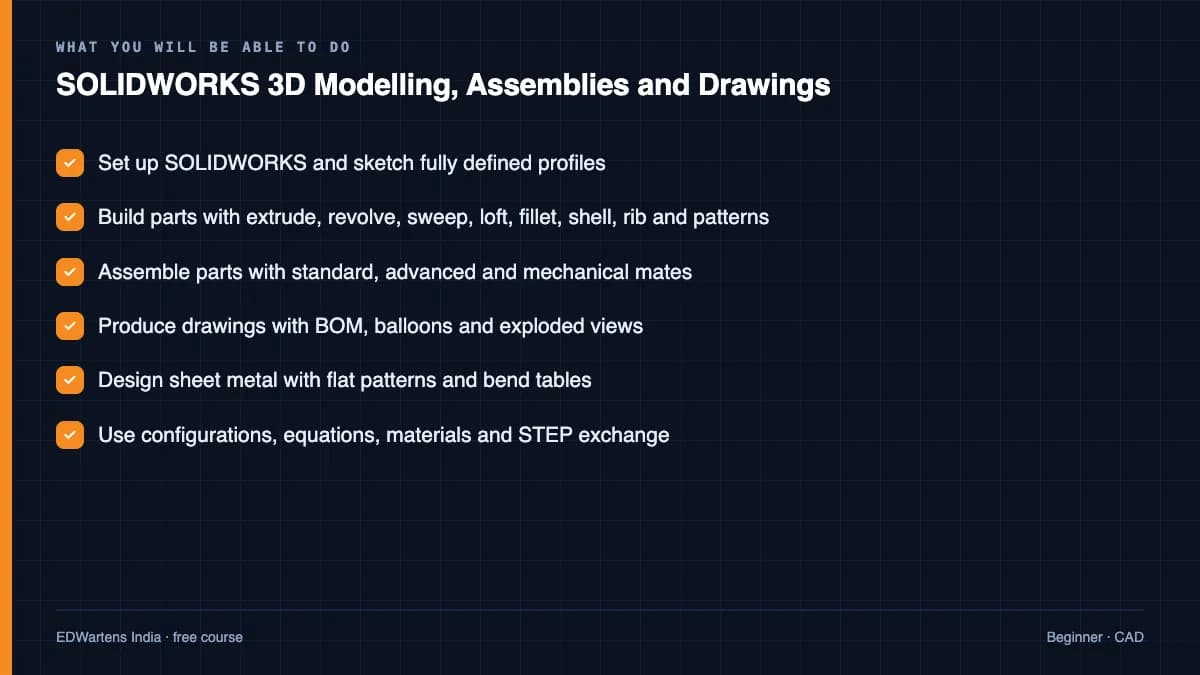 SOLIDWORKS 3D Modelling, Assemblies and Drawings: What you will be able to do