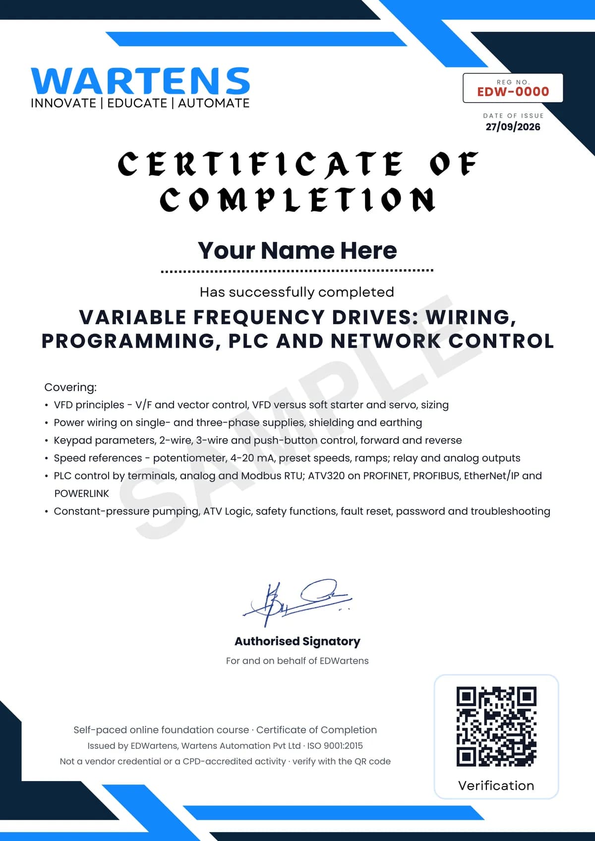 Sample EDWartens Certificate of Completion for Variable Frequency Drives: Wiring, Programming, PLC and Network Control