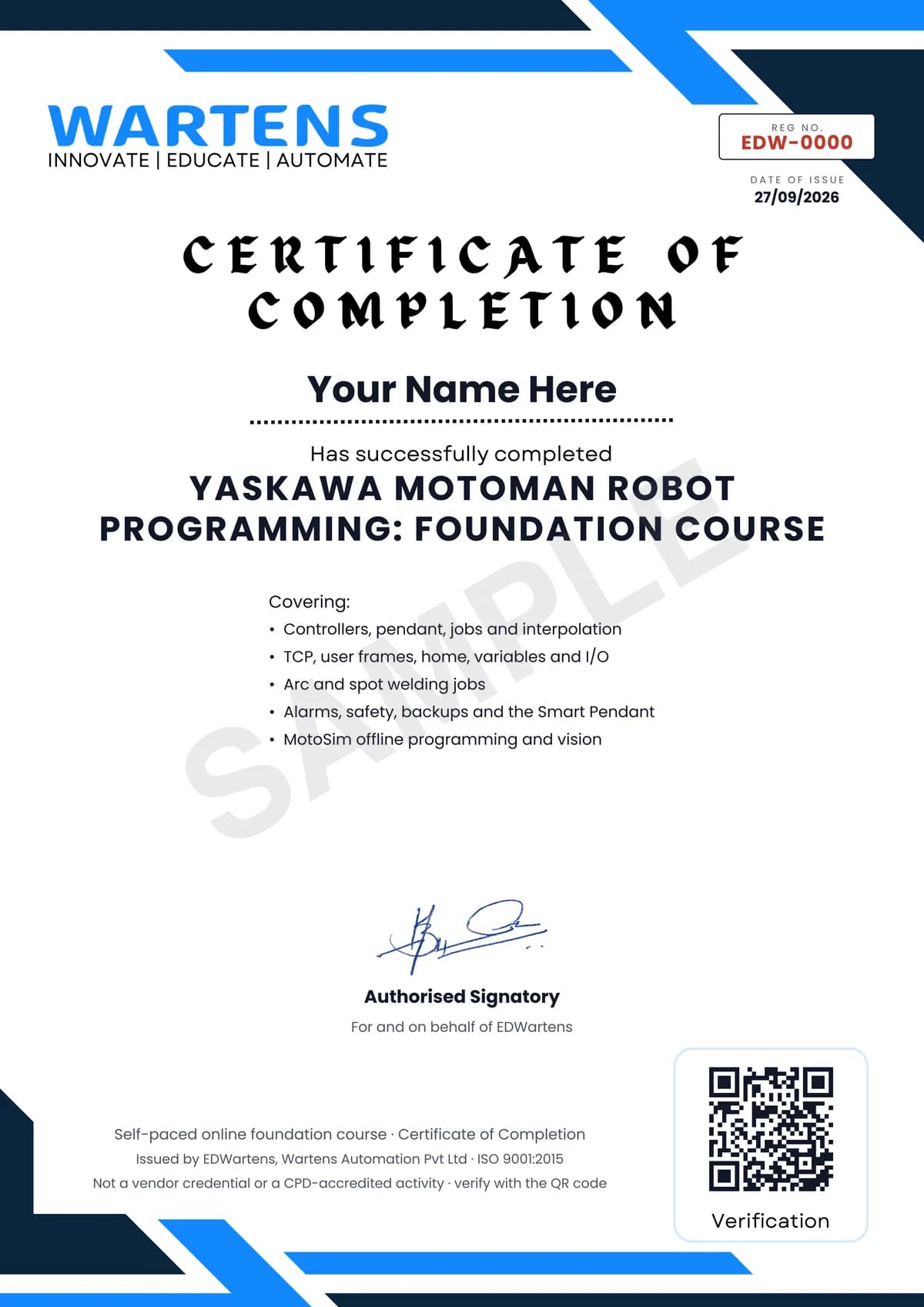 Sample EDWartens Certificate of Completion for Yaskawa Motoman Robot Programming