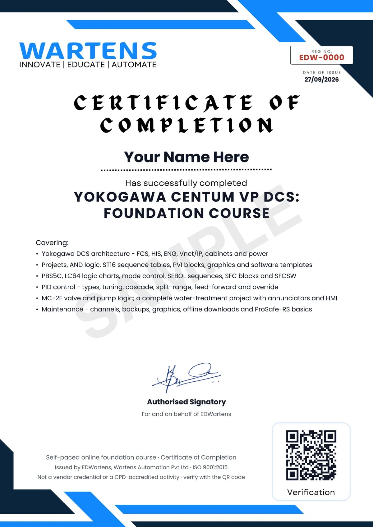 Sample EDWartens Certificate of Completion for Yokogawa CENTUM VP DCS
