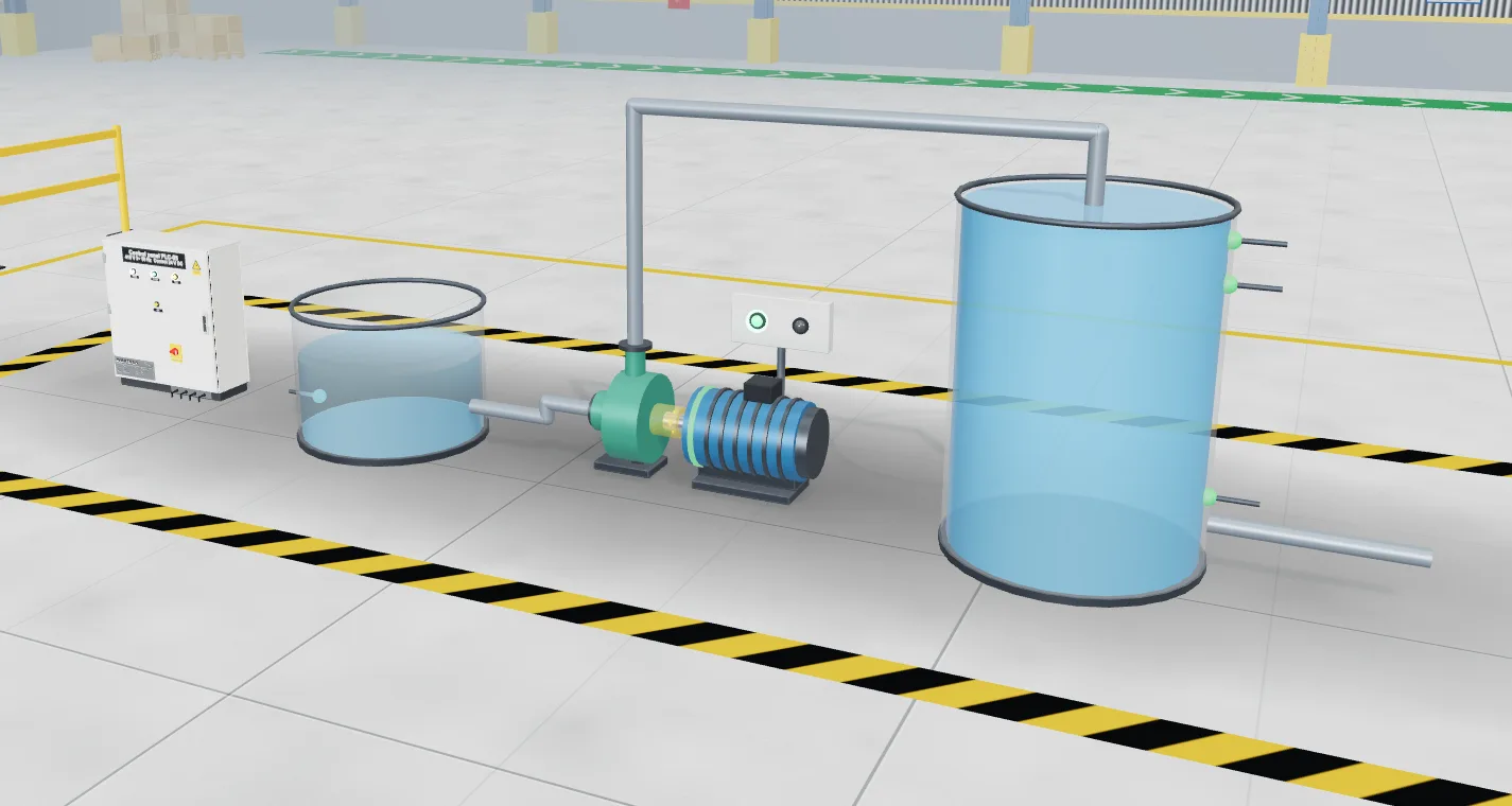 A 3D plant with a pump, a motor, two tanks and a control cabinet