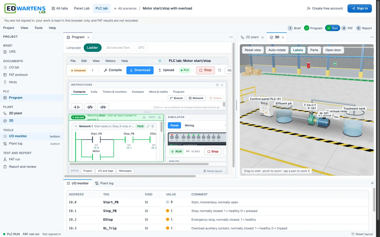 EDWartens Lab: a ladder logic program next to a 3D view of the plant it controls
