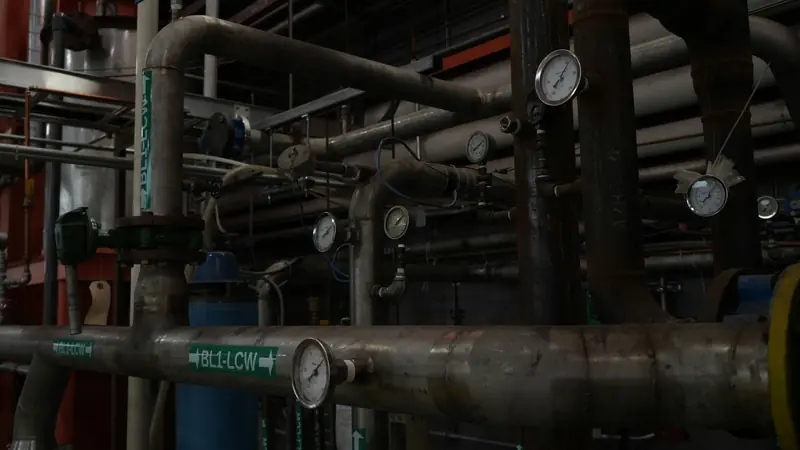 Process pipework with pressure gauges and valves in an industrial plant.