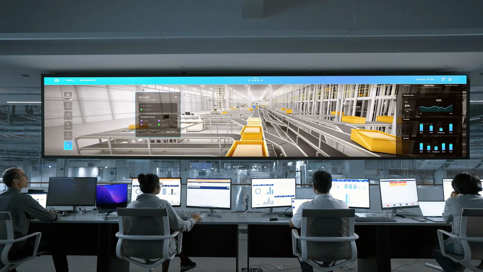 A control room with operators at monitors facing a wide display.