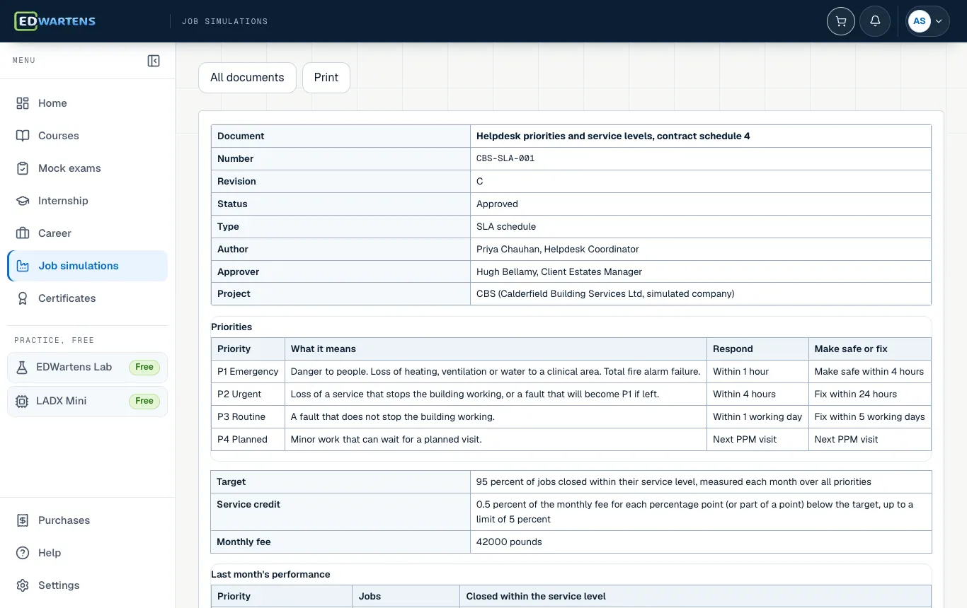 A project document in the Building Services Multi-skilled Engineer job simulation with number, revision and status